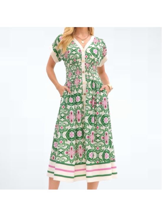 entro Dresses & Skirts - Entro Women’s Botanical Cap Sleeve Midi Dress in Green Size S